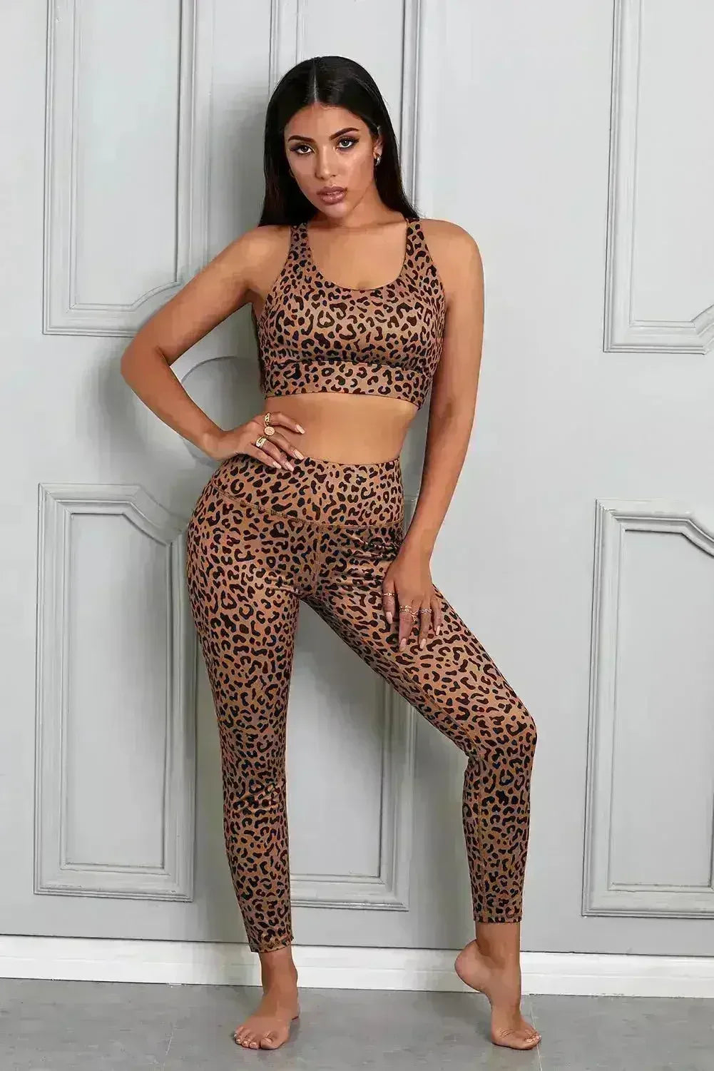 Women Brown Cheetah Print Sport Bra Pants Set - Femstylo