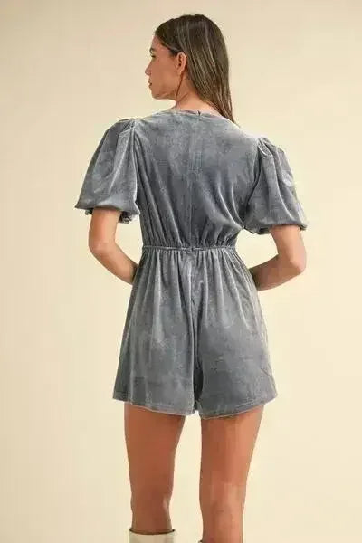 Mable Jewel Bow Decor Puff Sleeve Velvet Romper - Femstylo