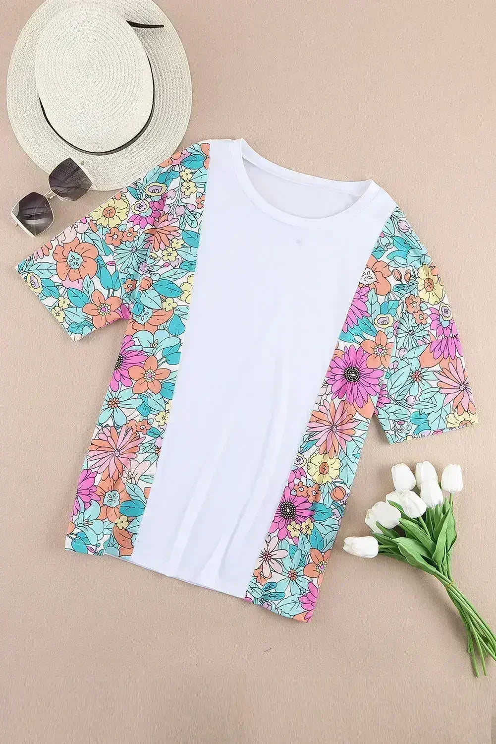 Floral Patchwork Top - Short Sleeve Summer Tee | Femstylo - Femstylo