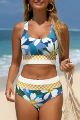 Green Floral Print Racerback High Waist Bikini Swimwear - Femstylo