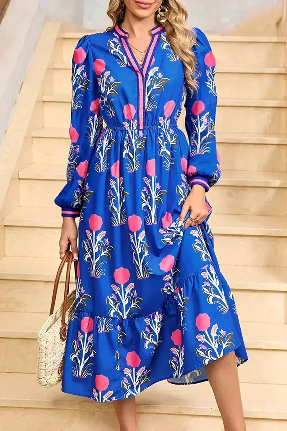 Blue Floral Print Pop of Color Neckline Long Sleeve Midi Dress - Femstylo
