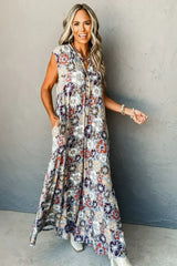 Sky Blue Floral Sleeveless Pocketed Wide Leg Jumpsuit - Femstylo