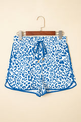 Blue Leopard Elastic Waist Lace up Contrast Trim Casual Shorts