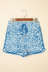 Blue Leopard Elastic Waist Lace up Contrast Trim Casual Shorts - Femstylo