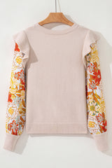 Parchment Cable Knit Ruffle Detail Contrast Floral Sleeve Patchwork Sweater