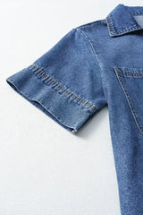Beau Blue Short Sleeve Collared Chest Pocket Denim Mini Dress - Femstylo