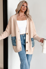 Smoke Gray Open Front Knitted Denim Pocket Patchwork Cardigan