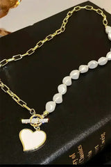 Gold Heart Shape Pendant Rhinestone Pearl Chain Necklace - Femstylo