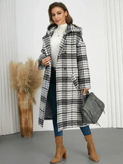 Plaid Double-Breasted Long Sleeve Longline Coat - Femstylo