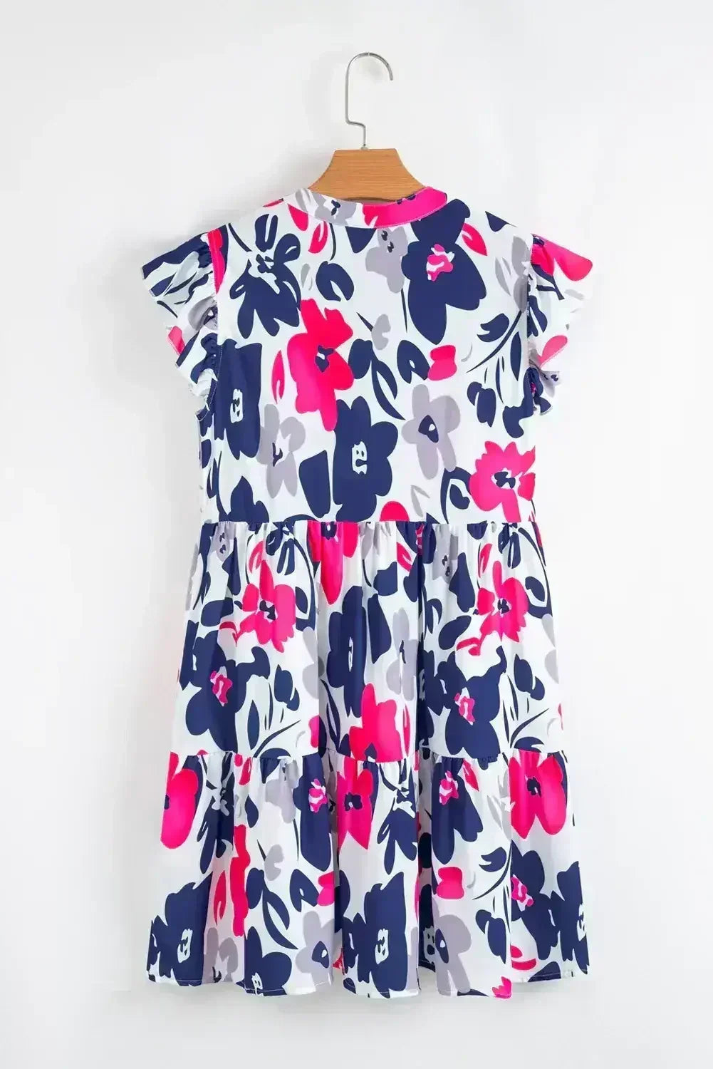 Rose Floral Print Notched Neck Flutter Sleeve Mini Dress - Femstylo