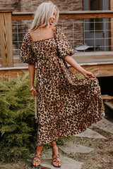 Brown Leopard Print Puff Sleeve Ricrac Maxi Dress