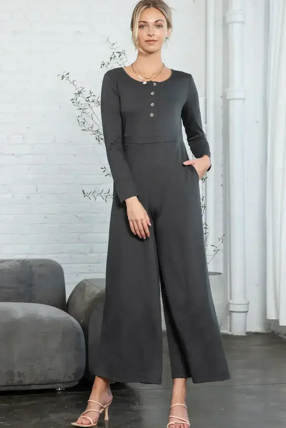 Dark Grey Henley Long Sleeve Wide Leg Jumpsuit with Pockets - Femstylo
