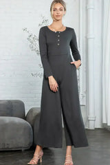 Dark Grey Henley Long Sleeve Wide Leg Jumpsuit with Pockets - Femstylo
