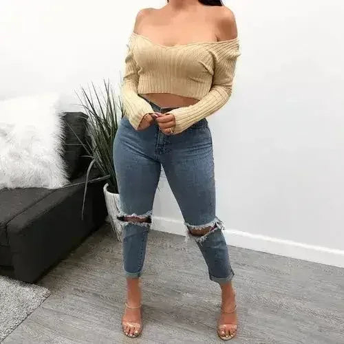 Cotton black short crop top Women autumn v neck off shoulder - Femstylo