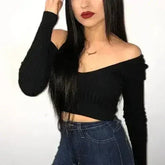 Cotton black short crop top Women autumn v neck off shoulder - Femstylo