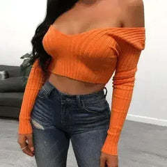 Cotton black short crop top Women autumn v neck off shoulder - Femstylo