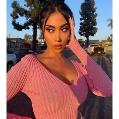 Cotton black short crop top Women autumn v neck off shoulder - Femstylo