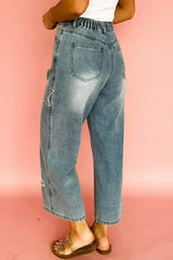 Stone Blue Star Patchwork Light Wash Wide Leg High Waist Jeans - Femstylo