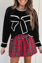 Black Contrast Trim Big Bow Accent Cropped Sweater