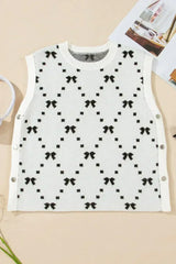 White Bow Pattern Buttoned Side Cropped Sweater Vest - Femstylo
