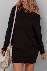 Black Asymmetric Neck Batwing Sleeve Shift Mini Sweater Dress