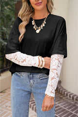 Black Fake Two-Piece Lace Long Sleeve Drop Shoulder Tee