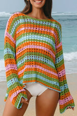Purple Striped Hollow Knit Summer Beach Cover Up - Femstylo