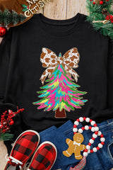 Black Shiny Bowknot Christmas Tree Graphic Heat Transfer Printing Round Neck Sweatshirt