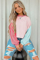 Pink Corded Colorblock Patchwork Drop Shoulder Long Sleeve Top - Femstylo