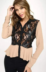 Chic Sheer Lace Peplum Blouse with Faux Leather Accents - Femstylo