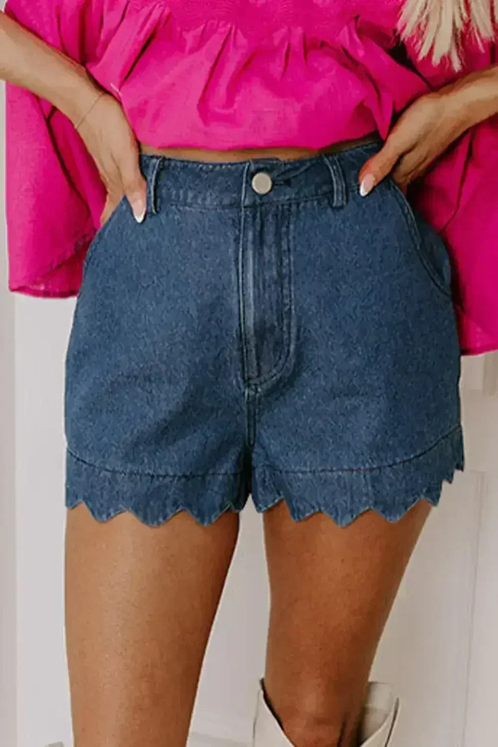 Sail Blue Scalloped Hemline Light Wash Denim Shorts - Femstylo