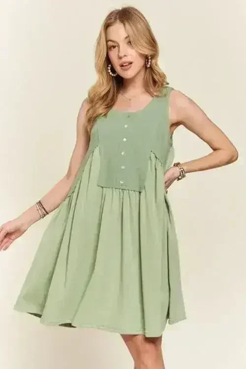 ADORA Decorative Button Sleeveless Babydoll Dress - Femstylo