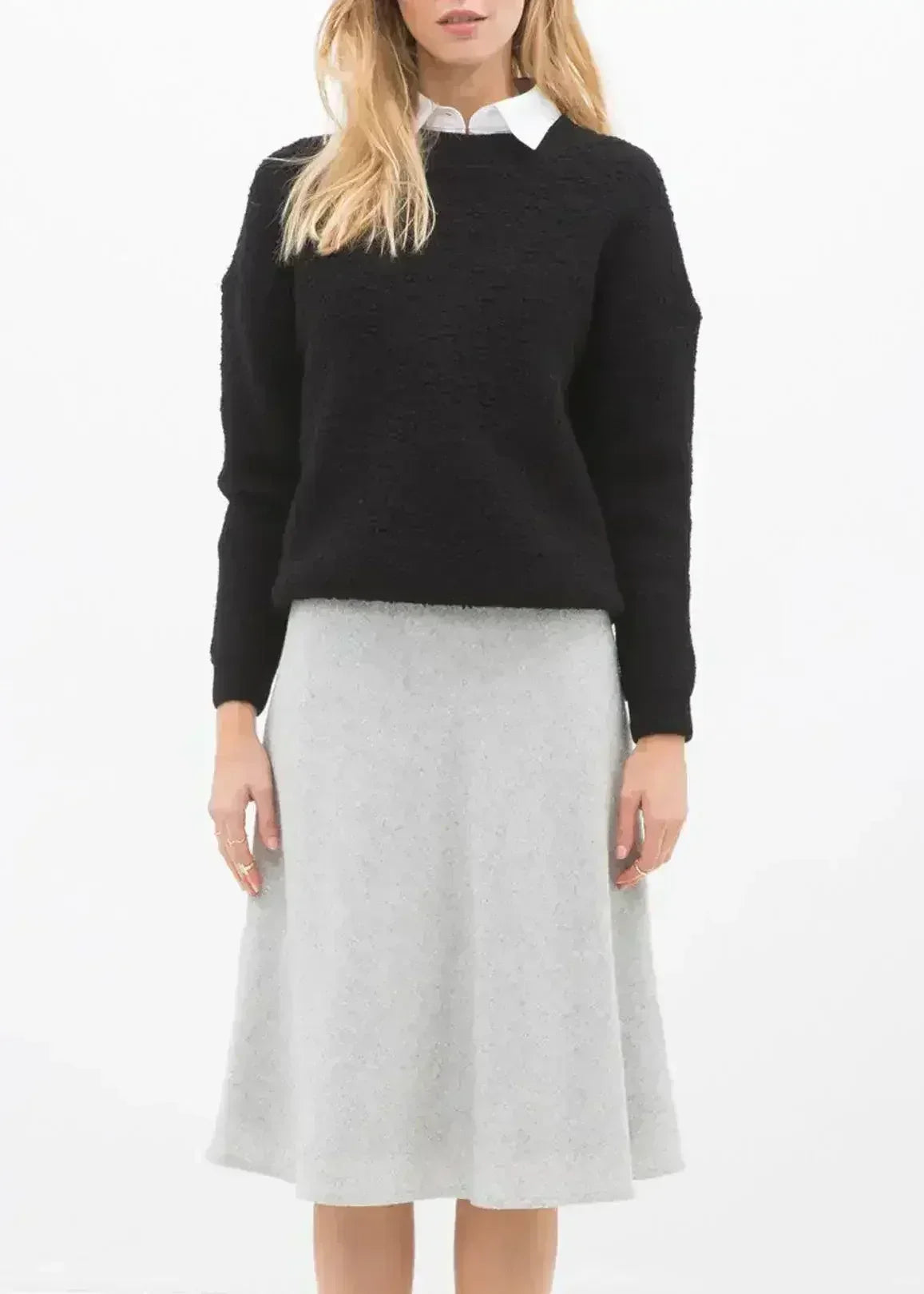 High Waisted Wool Knit Midi Skirt In Heather Grey - Femstylo