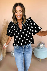 Black Polka Dot Print Smocked Notched Neck Balloon Sleeve Blouse