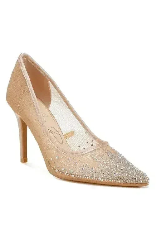 High Ball Mesh Rhinestone Stiletto Pumps - Femstylo