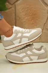 Oatmeal Contrast Lace Up Round Toe Sneakers - Femstylo