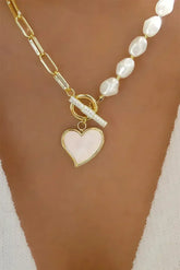 Gold Heart Shape Pendant Rhinestone Pearl Chain Necklace - Femstylo