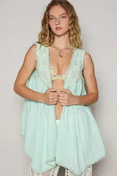 POL Embroidered Pearls Open Front Sleeveless Cardigan - Femstylo