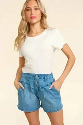 Haptics High Rise Button Fly Washed Denim Shorts - Femstylo