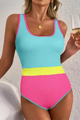 Rose Red Textured Colorblock One Piece Swimsuit - Femstylo