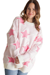 Sachet Pink Star Pattern Drop Sleeve Loose Sweater