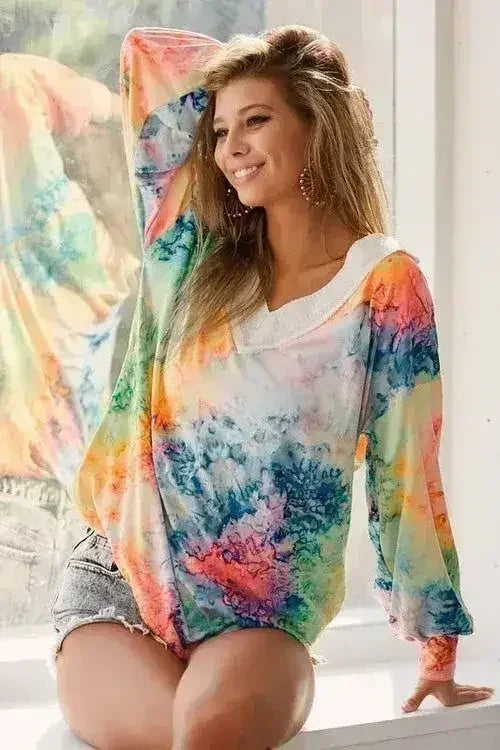 BiBi Tie Dye Soft Knit Jersey V-Neck Top | Femstylo - Femstylo