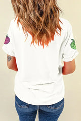 White Sequin Pumpkin Patched Cotton Blend T Shirt