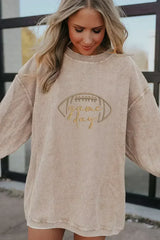Apricot Football Graphic Drop Shoulder Game Day Corded Sweatshirt - Femstylo