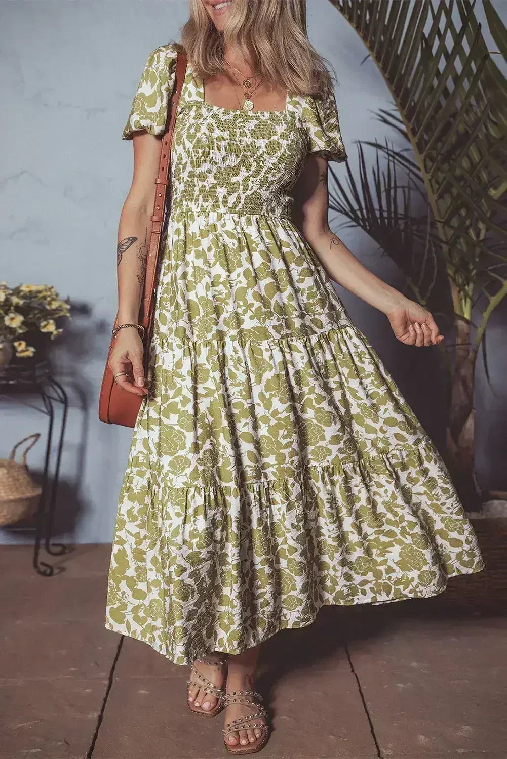 Yellow Boho Floral Print Square Neck Puff Sleeve Tiered Maxi Dress - Femstylo