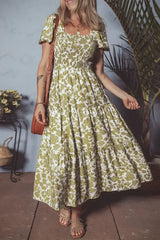 Yellow Boho Floral Print Square Neck Puff Sleeve Tiered Maxi Dress - Femstylo