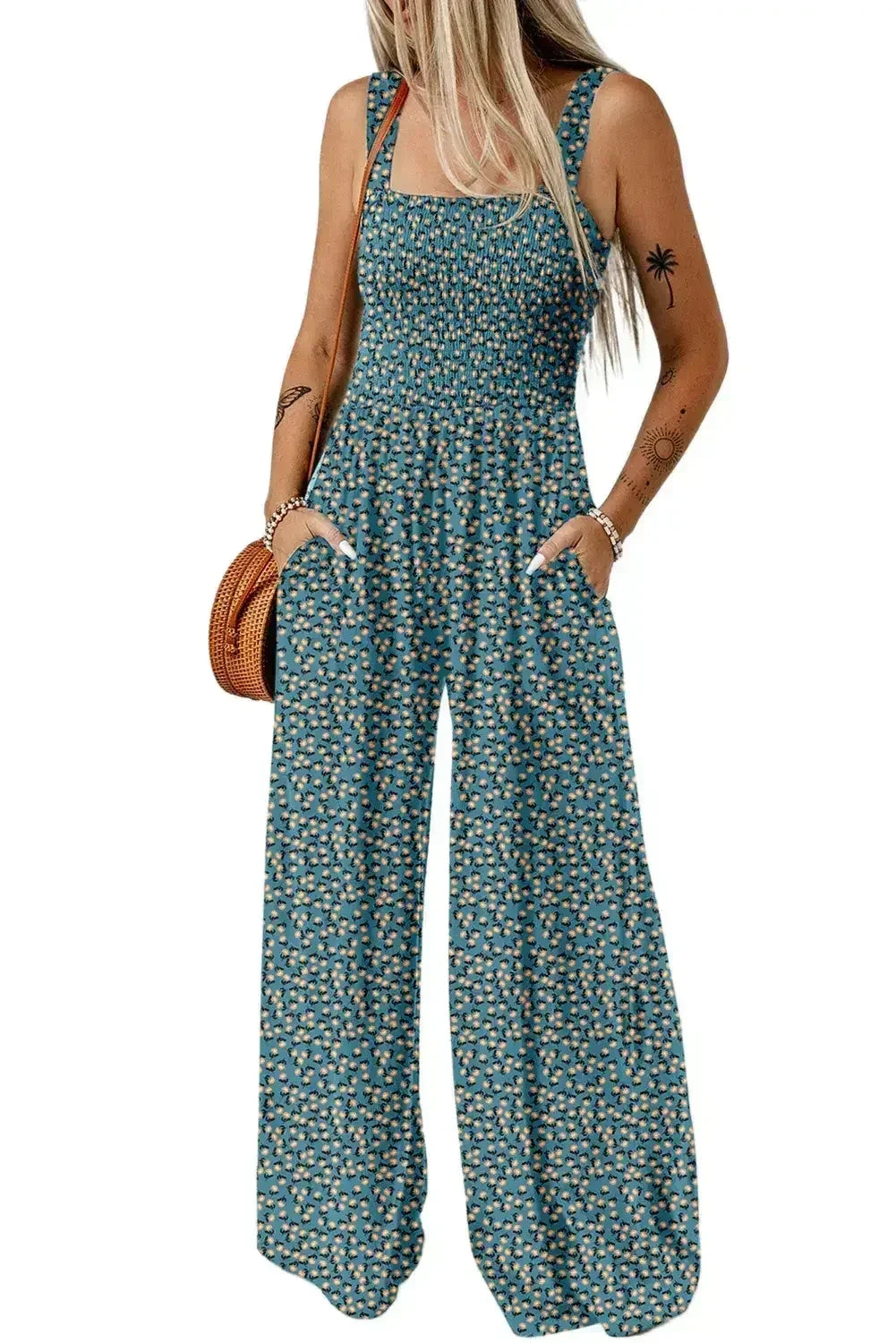 Purple Floral Square Neckline Stretch High Waist Jumpsuit - Femstylo
