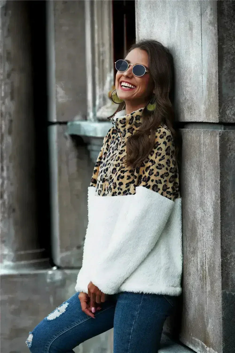 Leopard Print Half-Zip Teddy Sweatshirt for Women | Femstylo - Femstylo