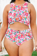 Rose Plus Size Floral Print Twisted High Waist Bikini Set - Femstylo