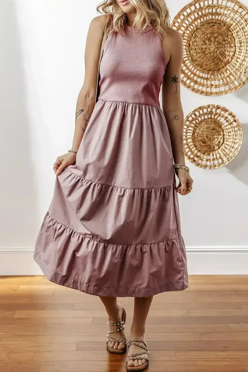 Sepia Rose Ribbed Vest Patchwork Tiered Midi Dress - Femstylo